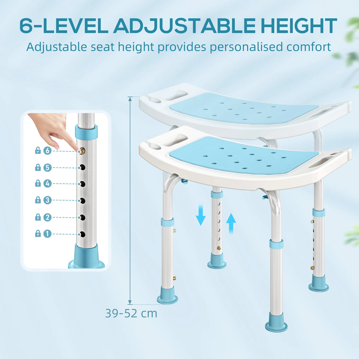 HOMCOM Shower Chair, Adjustable Height Shower Stool with Aluminium Frame and Non-Slip Feet, Bathtub Stool Seat for Elderly Disabled Handicap, Turquoise