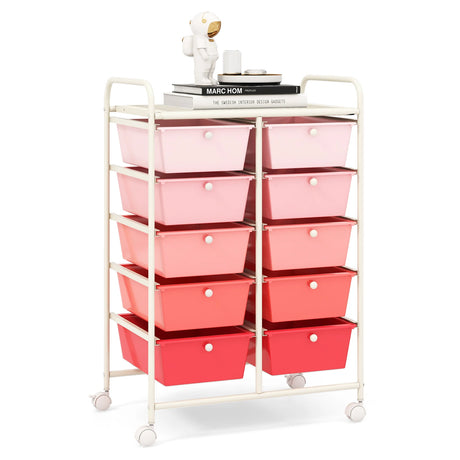 10-Drawer Rolling Storage Cart-Pink
