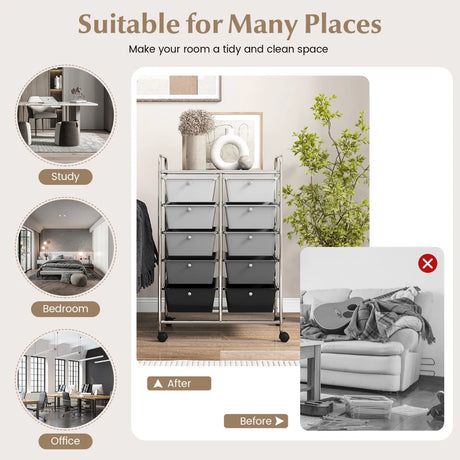 10-Drawer Rolling Storage Cart-Gray