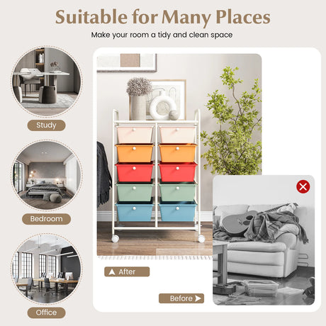 10-Drawer Rolling Storage Cart-Multicolor