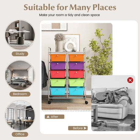 10-Drawer Rolling Storage Cart-Deep Multicolor