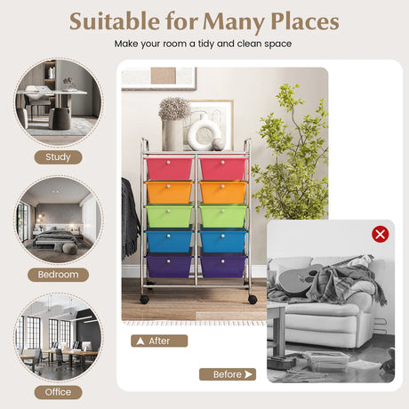 10-Drawer Rolling Storage Cart-Transparent Multicolor