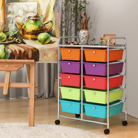 10-Drawer Rolling Storage Cart-Deep Multicolor