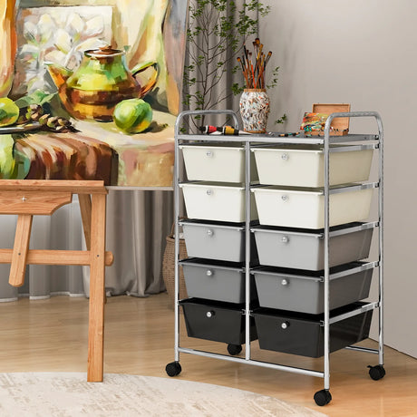 10-Drawer Rolling Storage Cart-Beige & Gray