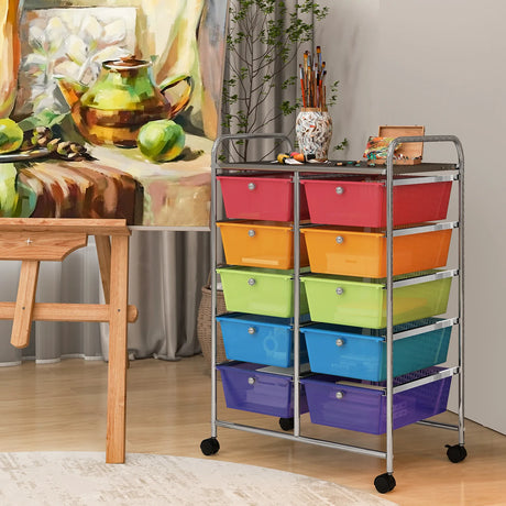 10-Drawer Rolling Storage Cart-Transparent Multicolor
