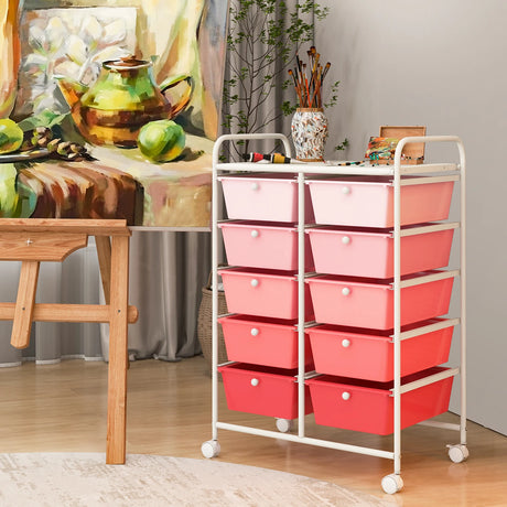10-Drawer Rolling Storage Cart-Pink