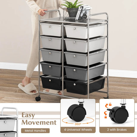 10-Drawer Rolling Storage Cart-Gray