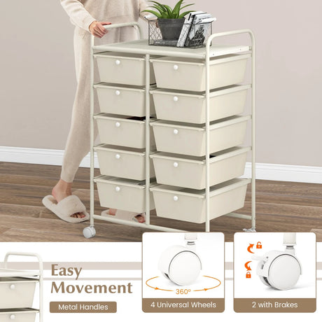 10-Drawer Rolling Storage Cart-White