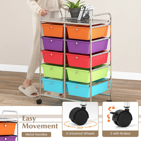 10-Drawer Rolling Storage Cart-Deep Multicolor