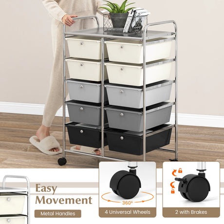 10-Drawer Rolling Storage Cart-Beige & Gray