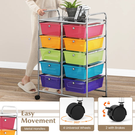 10-Drawer Rolling Storage Cart-Transparent Multicolor