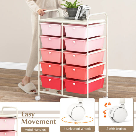 10-Drawer Rolling Storage Cart-Pink