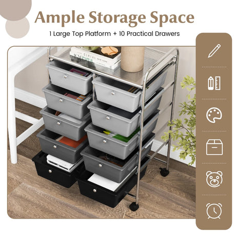 10-Drawer Rolling Storage Cart-Gray
