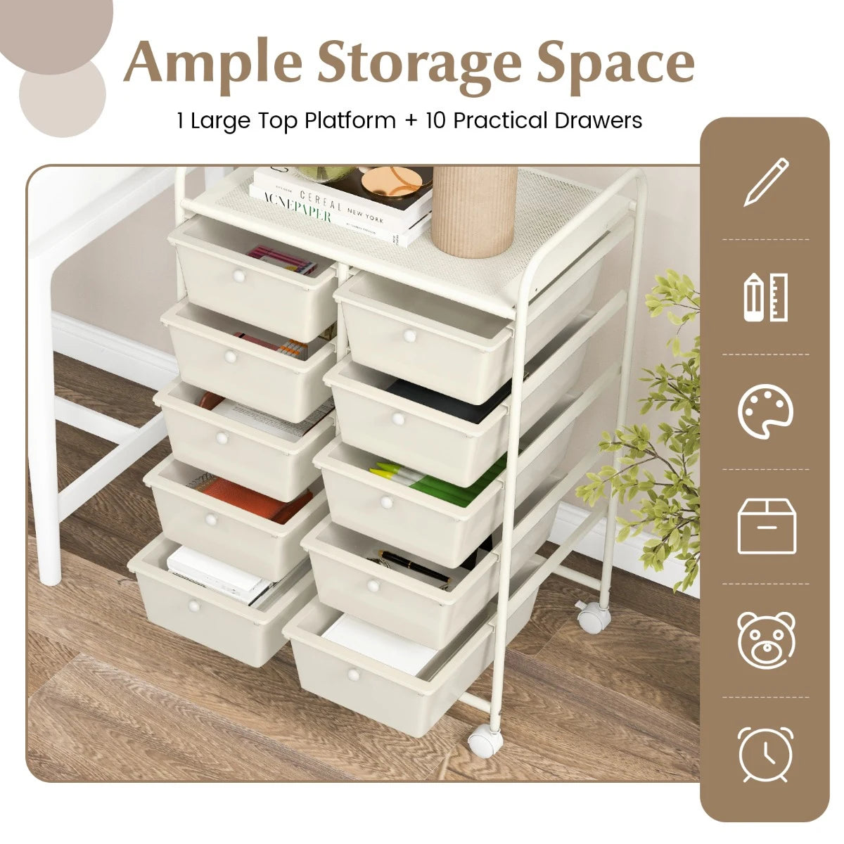 10-Drawer Rolling Storage Cart-White