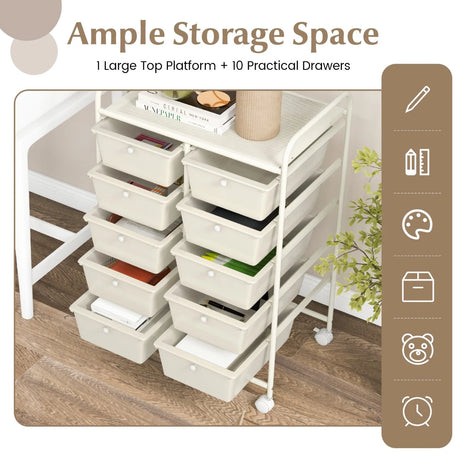 10-Drawer Rolling Storage Cart-White