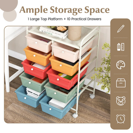 10-Drawer Rolling Storage Cart-Multicolor
