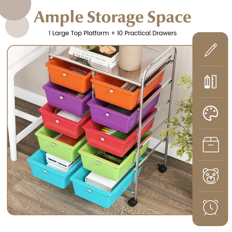 10-Drawer Rolling Storage Cart-Deep Multicolor