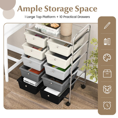 10-Drawer Rolling Storage Cart-Beige & Gray