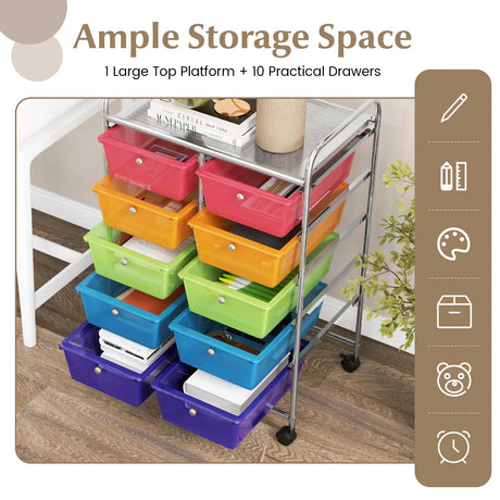 10-Drawer Rolling Storage Cart-Transparent Multicolor