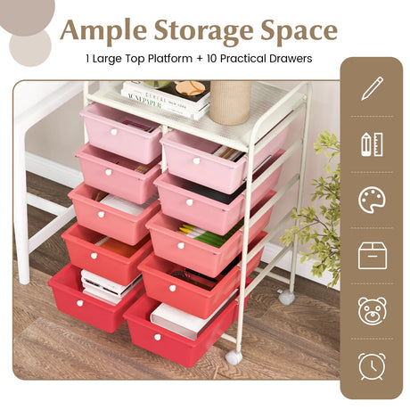 10-Drawer Rolling Storage Cart-Pink