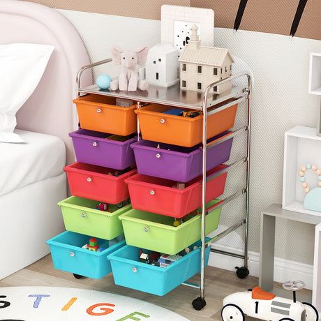 10-Drawer Rolling Storage Cart-Deep Multicolor