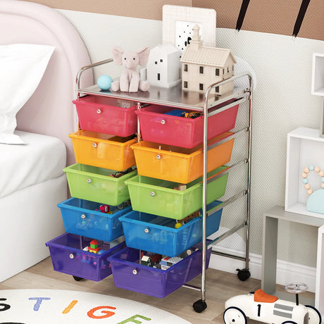 10-Drawer Rolling Storage Cart-Transparent Multicolor