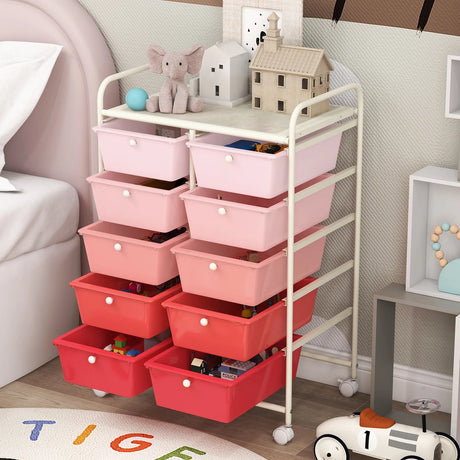 10-Drawer Rolling Storage Cart-Pink