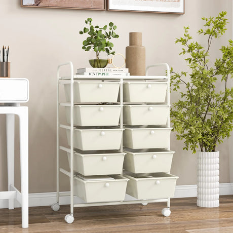 10-Drawer Rolling Storage Cart-White