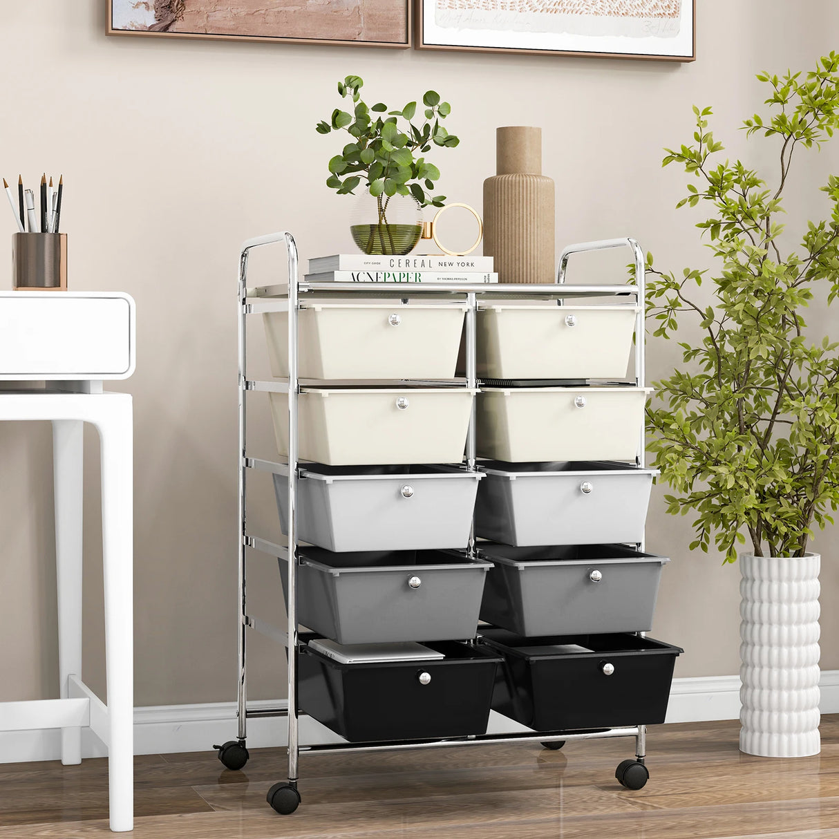 10-Drawer Rolling Storage Cart-Beige & Gray