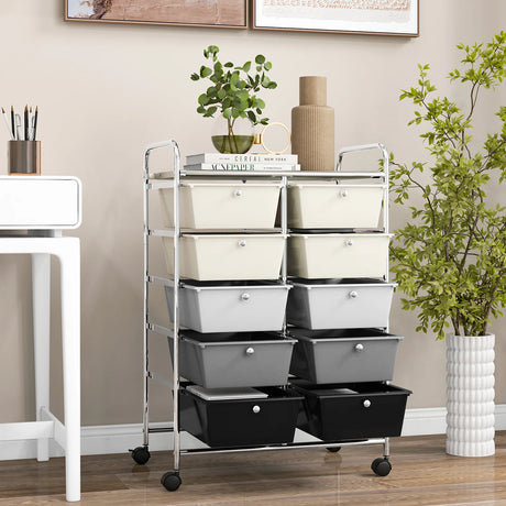 10-Drawer Rolling Storage Cart-Beige & Gray