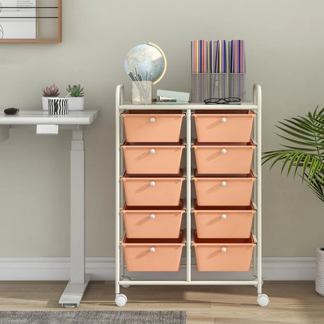 10-Drawer Rolling Storage Cart-Peach