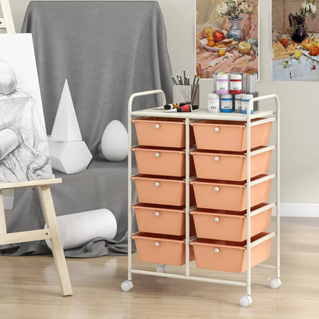 10-Drawer Rolling Storage Cart-Peach