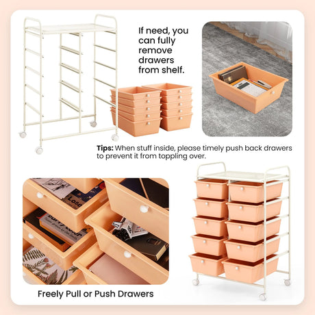 10-Drawer Rolling Storage Cart-Peach