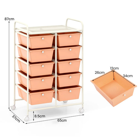 10-Drawer Rolling Storage Cart-Peach