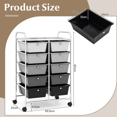 10-Drawer Rolling Storage Cart-Gray