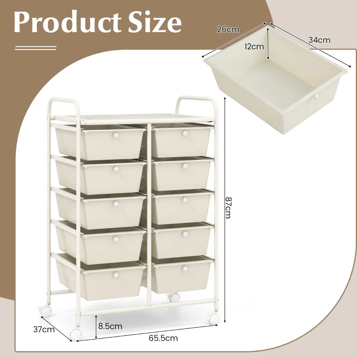 10-Drawer Rolling Storage Cart-White