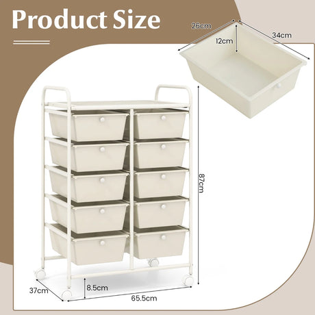 10-Drawer Rolling Storage Cart-White