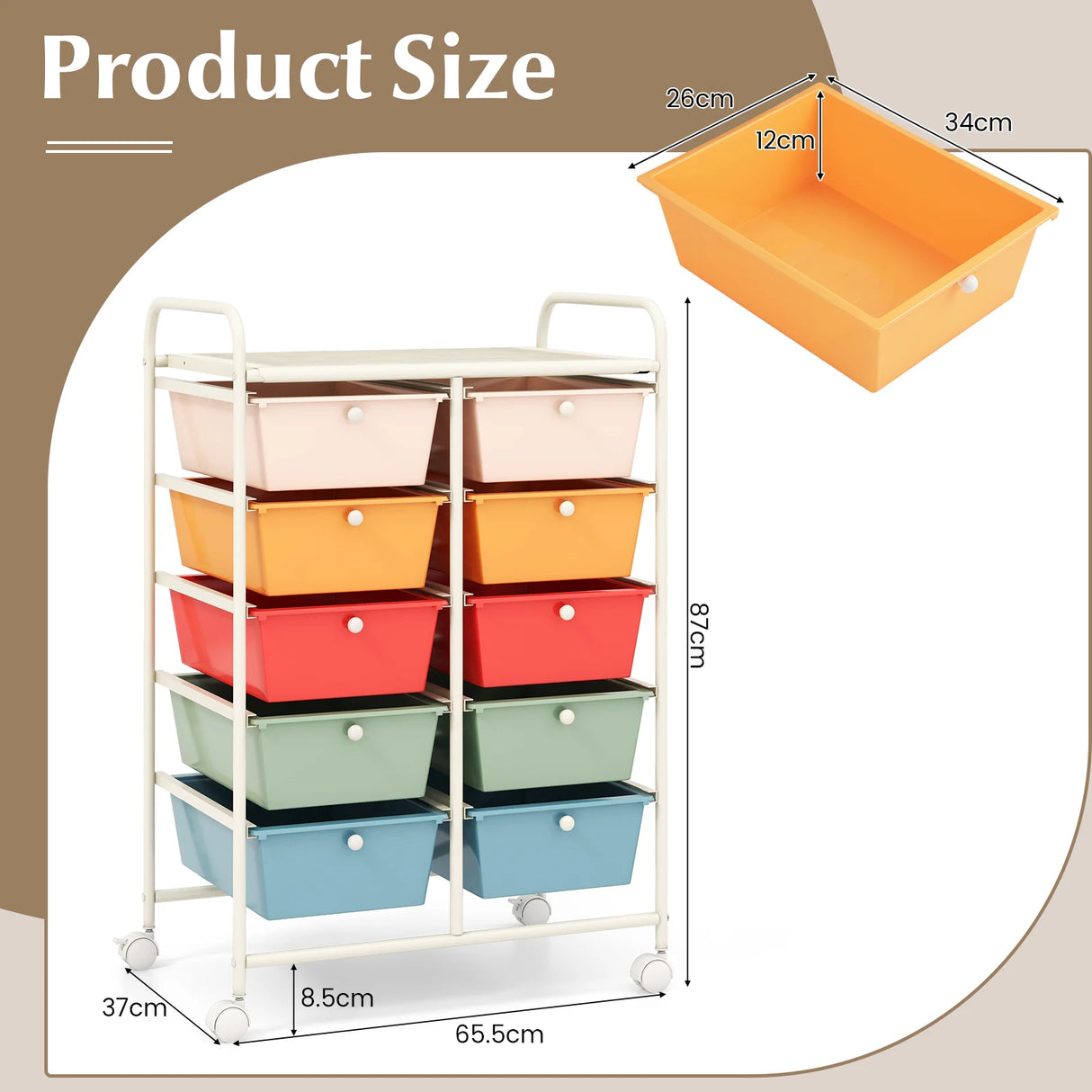 10-Drawer Rolling Storage Cart-Multicolor