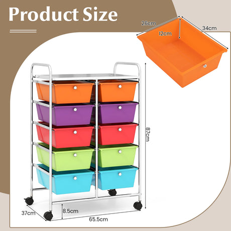10-Drawer Rolling Storage Cart-Deep Multicolor