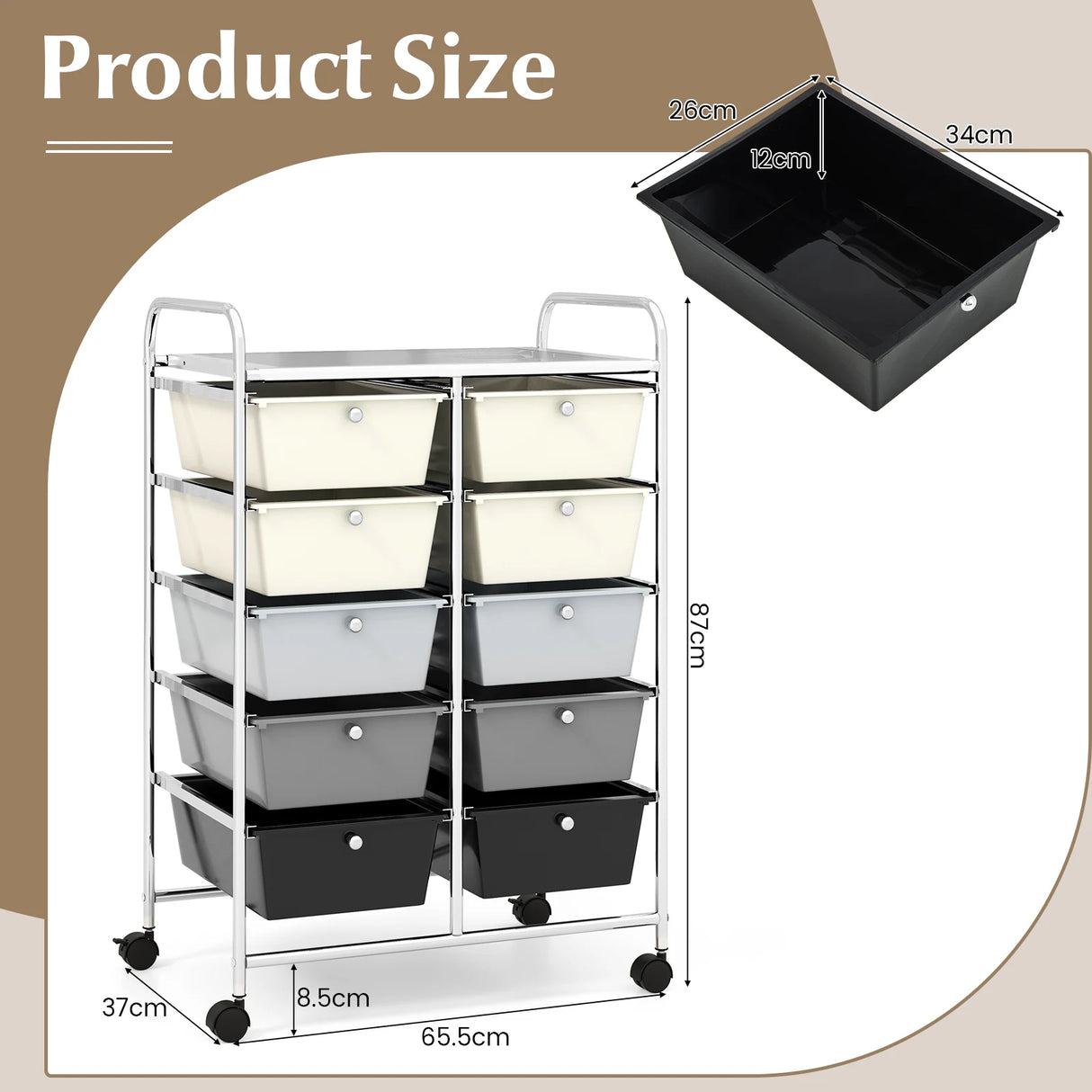 10-Drawer Rolling Storage Cart-Beige & Gray
