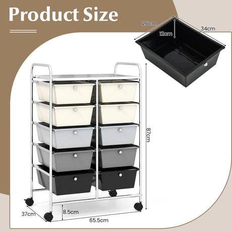 10-Drawer Rolling Storage Cart-Beige & Gray