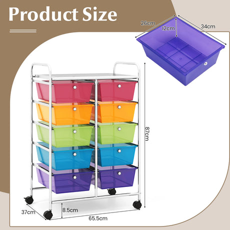 10-Drawer Rolling Storage Cart-Transparent Multicolor