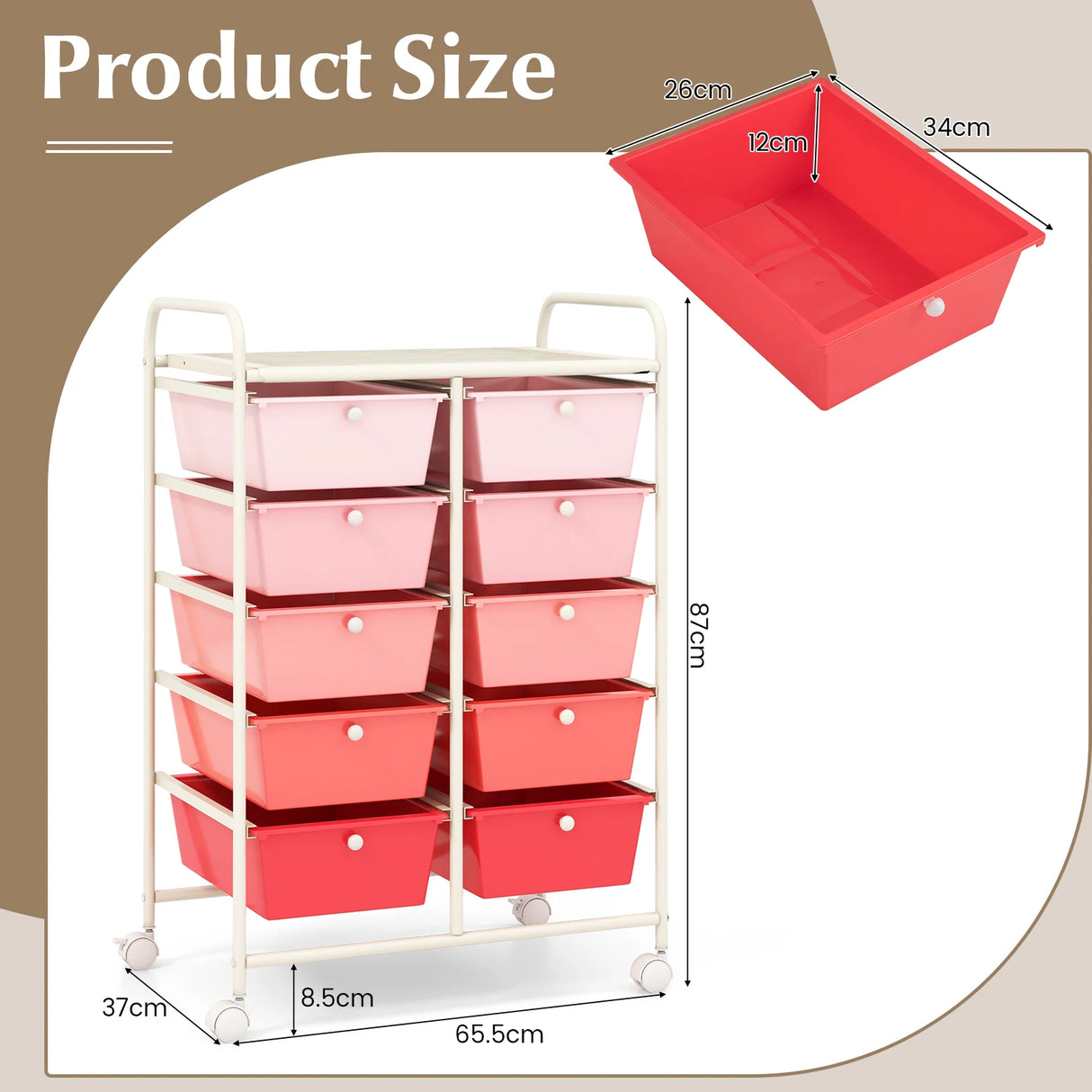 10-Drawer Rolling Storage Cart-Pink