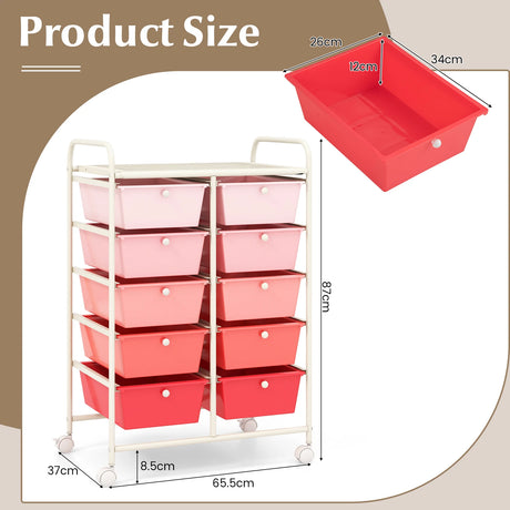 10-Drawer Rolling Storage Cart-Pink
