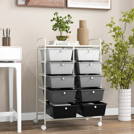 Rolling Storage Cart with 10 Drawers Office Supplies Trolley on Wheels Mixed Black