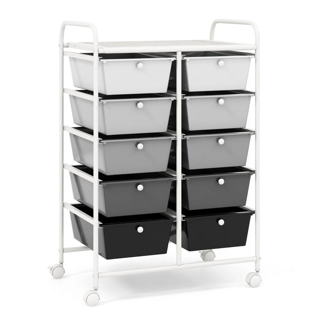 Rolling Storage Cart with 10 Drawers Office Supplies Trolley on Wheels Mixed Black
