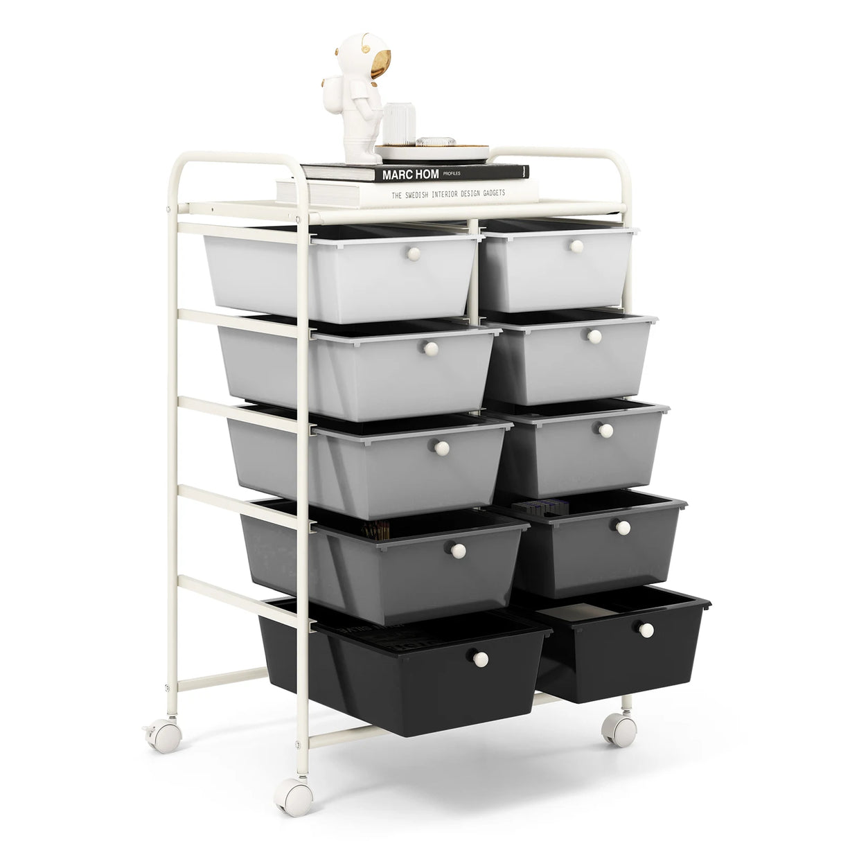 Rolling Storage Cart with 10 Drawers Office Supplies Trolley on Wheels Mixed Black