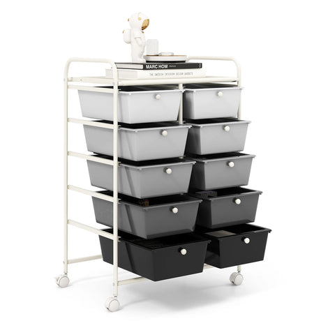 Rolling Storage Cart with 10 Drawers Office Supplies Trolley on Wheels Mixed Black
