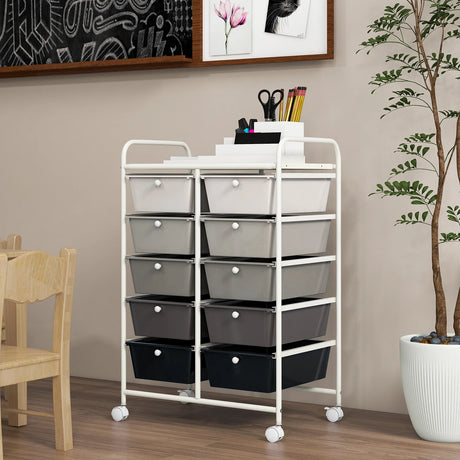Rolling Storage Cart with 10 Drawers Office Supplies Trolley on Wheels Mixed Black