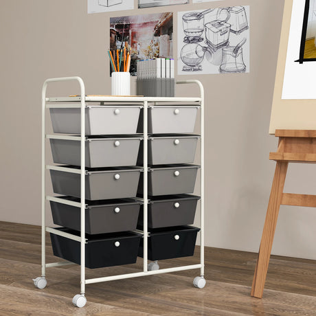 Rolling Storage Cart with 10 Drawers Office Supplies Trolley on Wheels Mixed Black